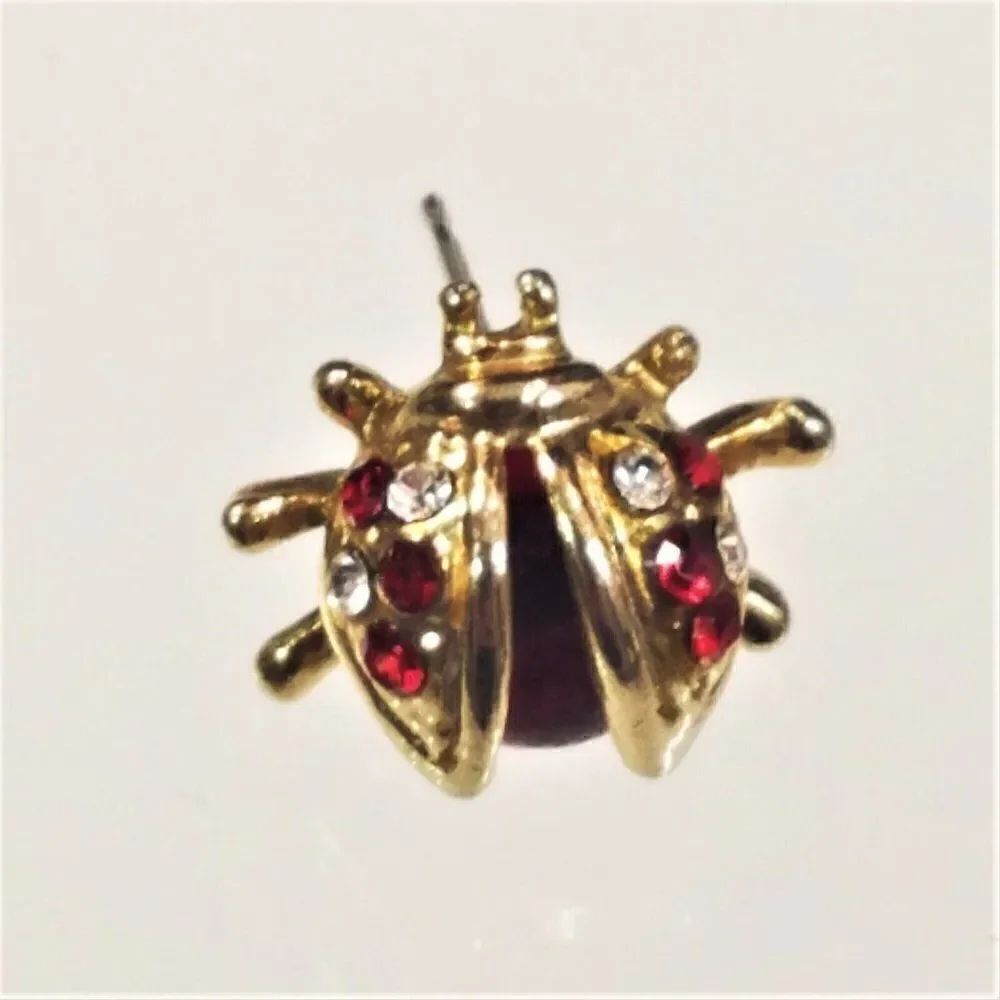 Vintage Tiny Ladybug Pin Gold Tone Red And Silver Rhinestones